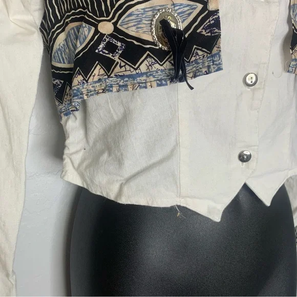 Vintage Roughrider Western Fringe Cropped Button Up Shirt Blue Black Small - Picture 6 of 14